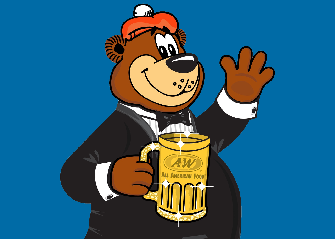 Rooty the Great Root Bear in a tuxedo holding a golden mug